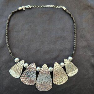 Lia Sophia "Lure Me In" Silver Toned Hammered Tear Drop Pieces Bib Necklace